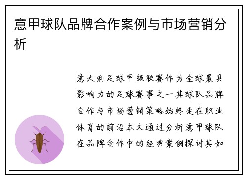 意甲球队品牌合作案例与市场营销分析